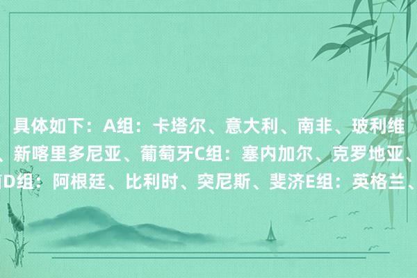 具体如下：A组：卡塔尔、意大利、南非、玻利维亚B组：日本、摩洛哥、新喀里多尼亚、葡萄牙C组：塞内加尔、克罗地亚、哥斯达黎加、阿联酋D组：阿根廷、比利时、突尼斯、斐济E组：英格兰、委内瑞拉、海地、埃及F组：墨西哥、韩国、科特迪瓦、瑞士G组：德国、哥伦比亚、朝鲜、萨尔瓦多H组：巴西、洪皆拉斯、印度尼西亚、赞比亚I组：好意思国、布基纳法索、塔吉克斯坦、捷克J组：巴拉圭、乌兹别克斯坦、巴拿马、爱尔兰K组：