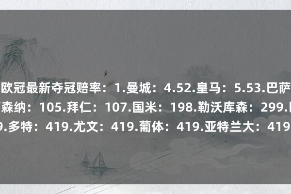 欧冠最新夺冠赔率：1.曼城：4.52.皇马：5.53.巴萨：6.54.利物浦：75.阿森纳：105.拜仁：107.国米：198.勒沃库森：299.巴黎：419.维拉：419.多特：419.尤文：419.葡体：419.亚特兰大：419.马竞：4116.米兰：6717.摩纳哥8118.里尔：10119.本菲卡：12620.埃因霍温：151    体育赛事直播