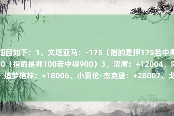 细目如下：1、文班亚马：-175（指的是押175若中得275）2、莫布里：+800（指的是押100若中得900）3、浓眉：+12004、阿德巴约：+16005、追梦格林：+18006、小贾伦-杰克逊：+28007、戈贝尔：+30008、字母哥：+5000    体育录像/图片
